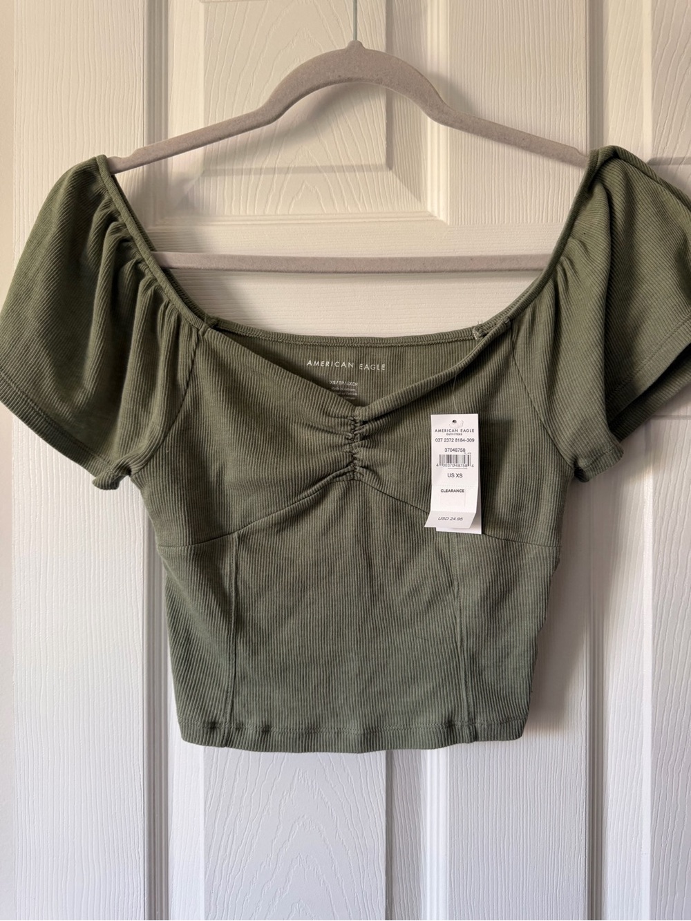 NWT American Eagle Outfitters Olive Ribbed Off-Shoulder Crop Top